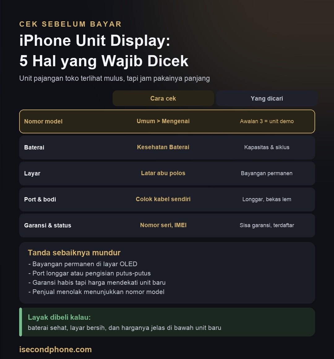 iPhone Unit Display: Aman Dibeli? 5 Hal yang Wajib Dicek Sebelum Bayar 2 Infografis iPhone unit display: lima hal yang wajib dicek sebelum membayar beserta tanda yang perlu diwaspadai