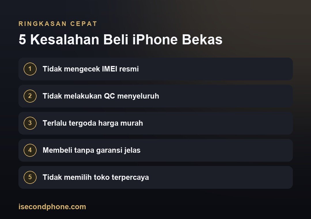 5 Kesalahan Umum Saat Beli iPhone Bekas dan Cara Menghindarinya 1 5 Kesalahan Beli iPhone Bekas — ringkasan panduan kesalahan beli iPhone bekas
