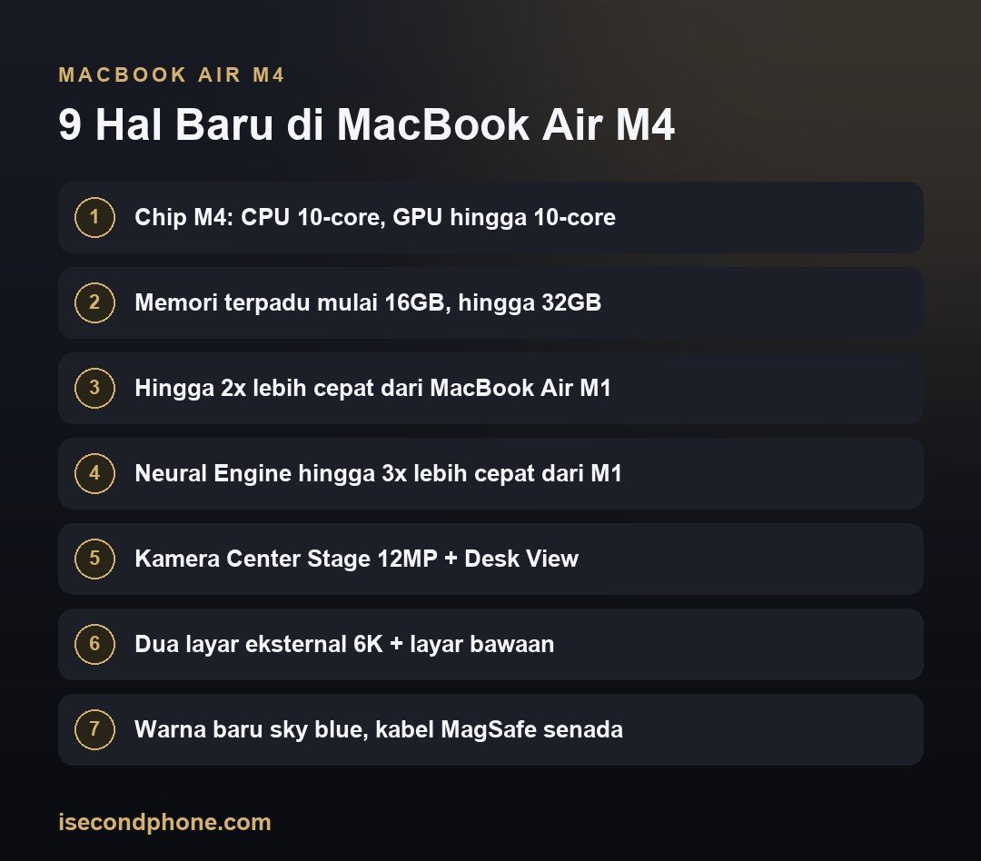 MacBook Air M4: 9 Hal Baru, Apa yang Tetap Sama, dan Worth It Beli Second? 4 9 Hal Baru di MacBook Air M4 — ringkasan hal baru MacBook Air M4