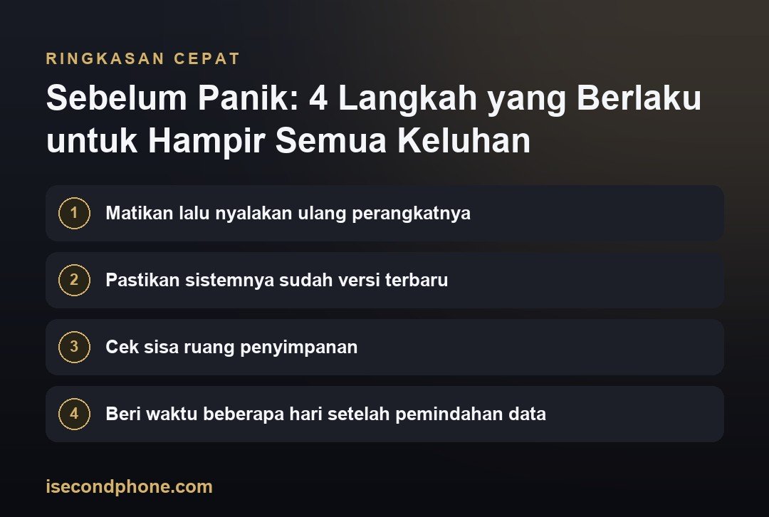 Sebelum Panik: 4 Langkah yang Berlaku untuk Hampir Semua Keluhan — ringkasan panduan masalah iPhone second