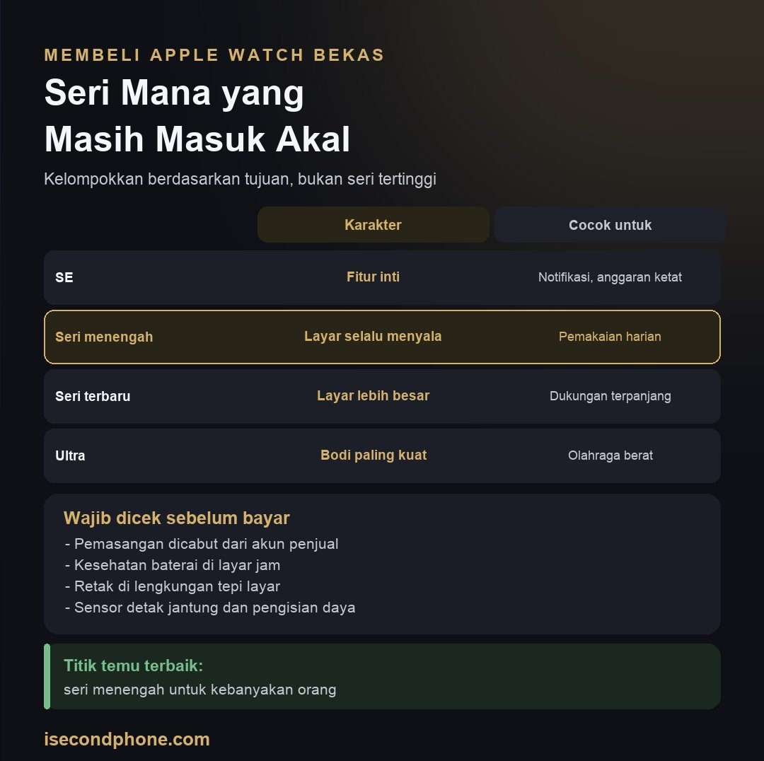 Panduan Membeli Apple Watch Bekas: Seri Mana yang Masih Worth It 1 Infografis membeli Apple Watch bekas: seri mana yang masih masuk akal dan yang wajib dicek