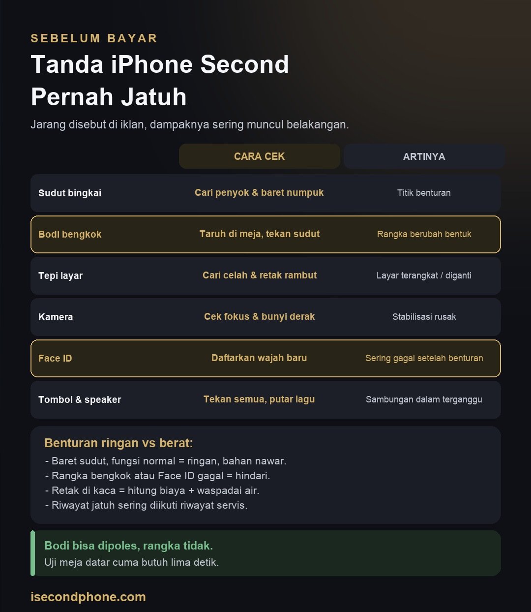 Infografis tanda iPhone second pernah jatuh beserta cara mengecek dan artinya