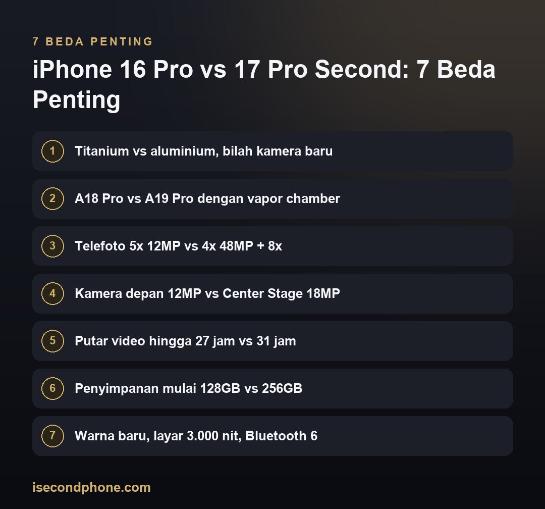 iPhone 16 Pro vs 17 Pro Second: 7 Beda Penting Biar Nggak Salah Pilih 2 iPhone 16 Pro vs 17 Pro Second: 7 Beda Penting — perbandingan iPhone 16 Pro vs 17 Pro second