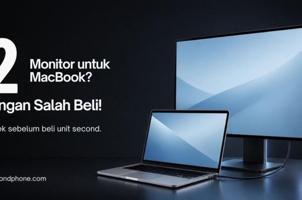 Thumbnail monitor eksternal MacBook dengan laptop silver dan monitor, 7 cek sebelum beli unit second