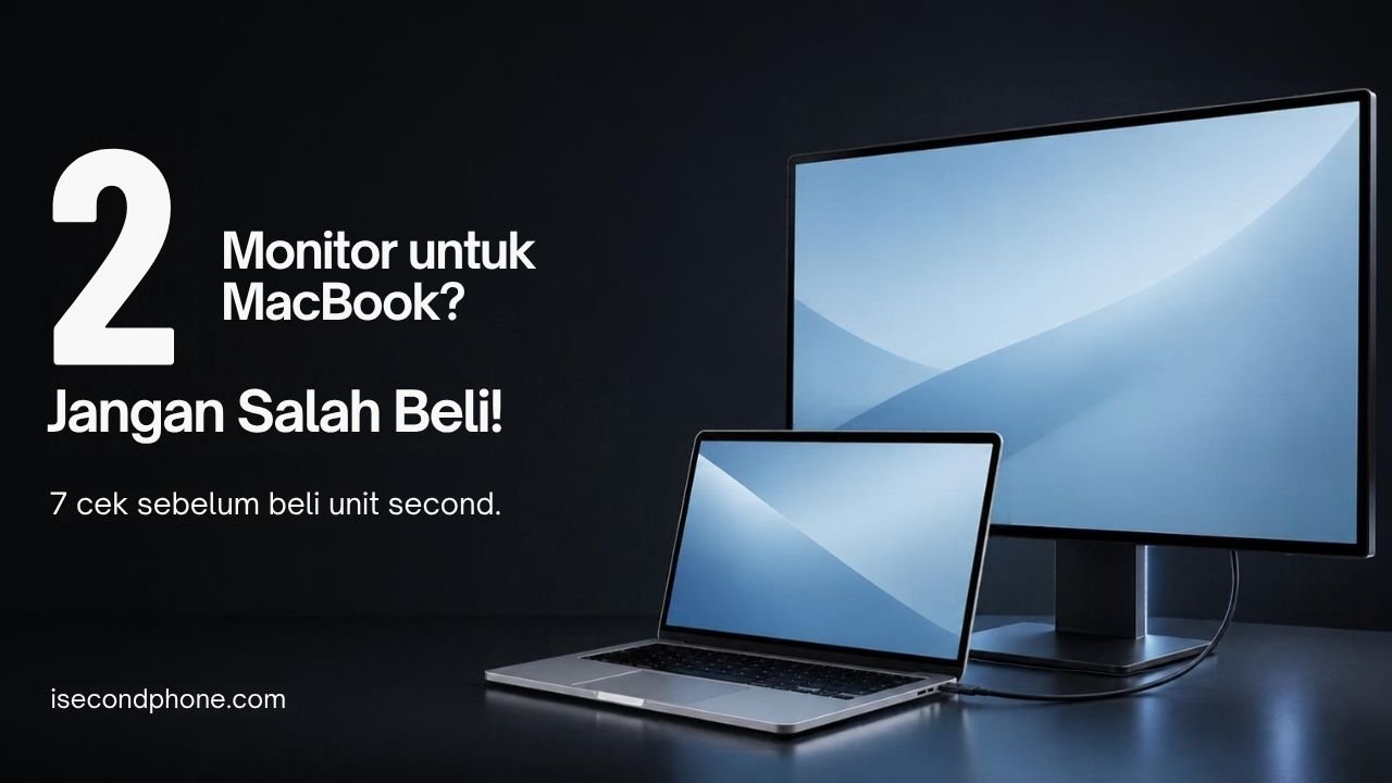 Thumbnail monitor eksternal MacBook dengan laptop silver dan monitor, 7 cek sebelum beli unit second