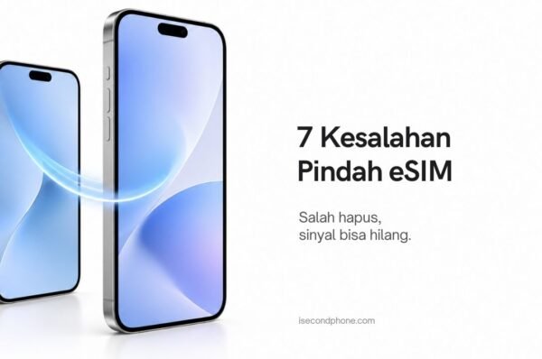 Thumbnail 7 kesalahan pindah eSIM dengan ilustrasi dua iPhone dan peringatan salah hapus profil