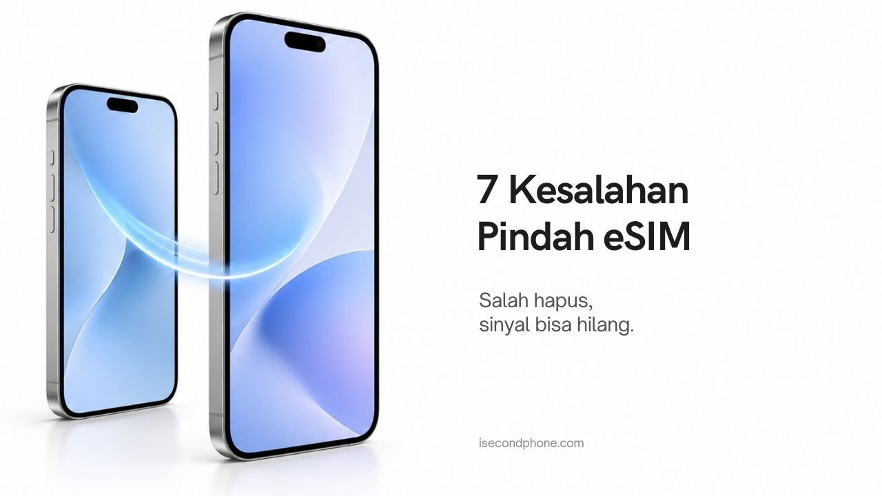 Thumbnail 7 kesalahan pindah eSIM dengan ilustrasi dua iPhone dan peringatan salah hapus profil
